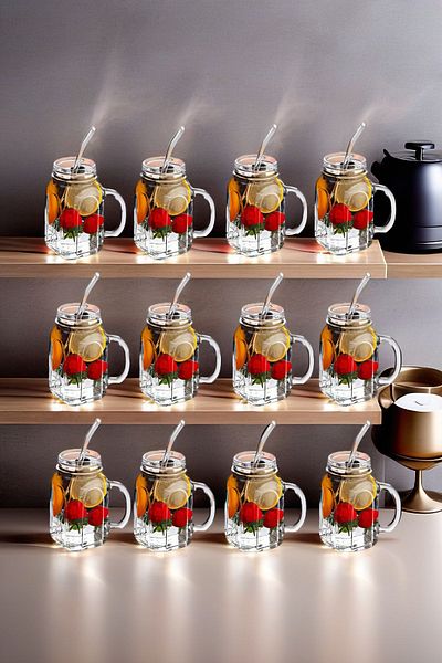 Open Home Concept Set of 12 Glass Cups with Handles, Straw Gift Model Cocktail Cold Coffee Soft Drink Glasses 450 ml