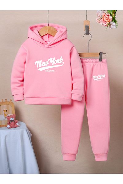 Let's Wear Комплект от суитшърт и анцуг с щампа New York Premium за момичета и момчета - 2 части спортен комплект