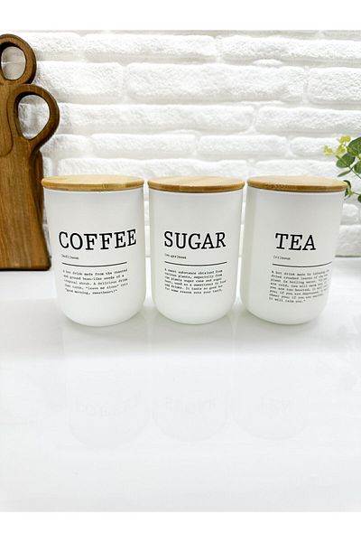 Home 1000ML Capacity Bamboo Glass White TEA COFFEE SUGAR Jar Set