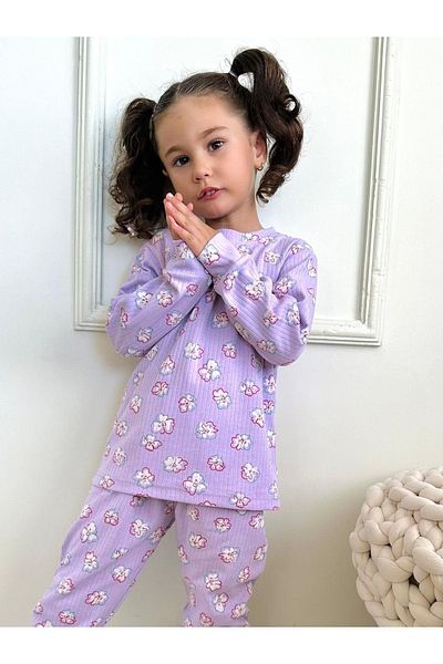 Lolliboomkids Purple Floral Patterned Corduroy Girl's Pajama Set - New Season Stretch Fabric