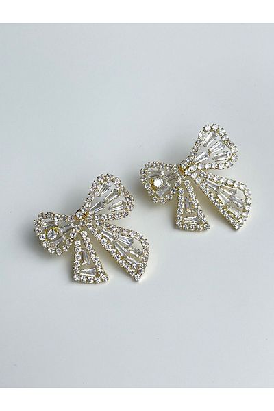 Poison Accessories Zircon Stone Detailed Big Bow Gold Steel Earrings