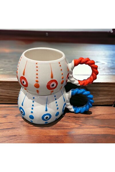 İZart 2 ‘ Li Baloncuk Örgü Kulp Mavi-Turuncu NAZAR Desenli Özel Kabartmalı El işlemeli Seramik Kupa