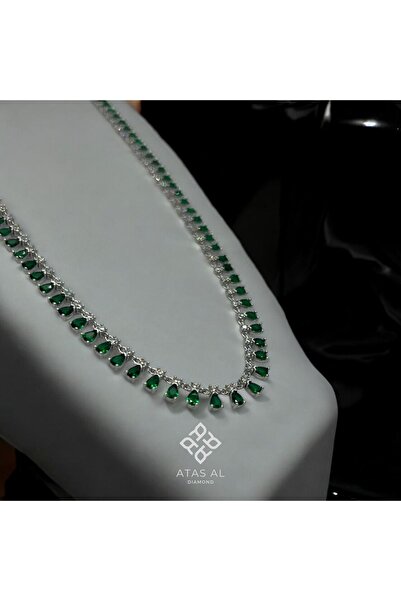 Atas Al Diamond Zümrüt Gecesi 925 Gümüş Gerdanlık Beyaz Altın Kaplama Detaylı...