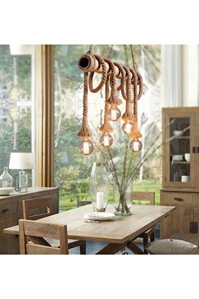 Genel Markalar Dekoratif Bambu Avize 6 Lı Rustik Halat Sarkıt Avize Ahşap Avize