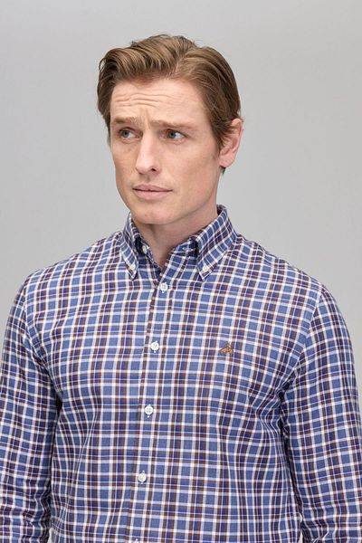 BROOKS BROTHERS Мъжка кафяво-синя мъжка карирана риза с дълъг ръкав