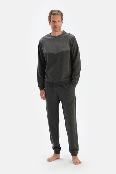 Dagi Σετ πιτζάμες με μακρυμάνικο παντελόνι Jogger Anthracite Melange Crew Neck