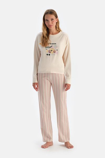 Dagi Long Sleeve Ecru T-Shirt and Trousers Pajama Set - Print Detailed