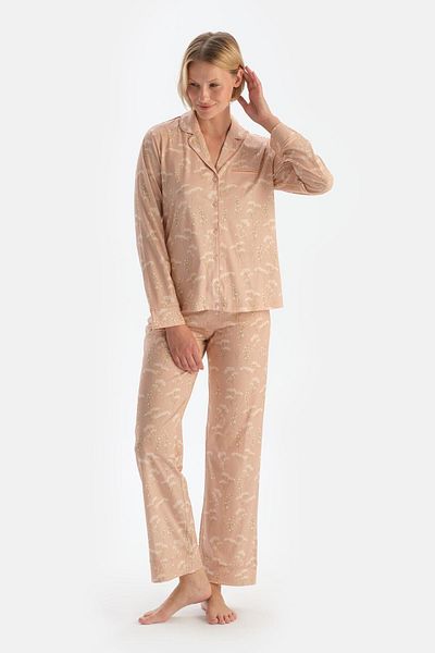 Dagi Set de lenjerie de dormit cămașă și pantaloni modal cu imprimeu floral de culoare somon