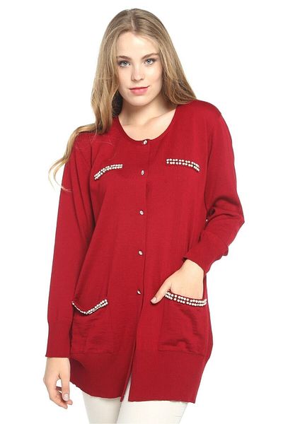 Solo Crystal Jewelled Pocket Jewelled Buttoned Long Cardigan