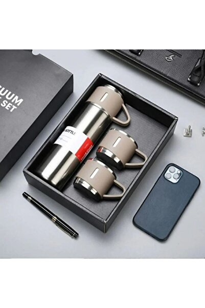 sheriffs Paslanmaz Çelik 3 Bardaklı Gümüş Renk Termos Seti / Çay Kahve Piknik Kamp Ofis Seyehat