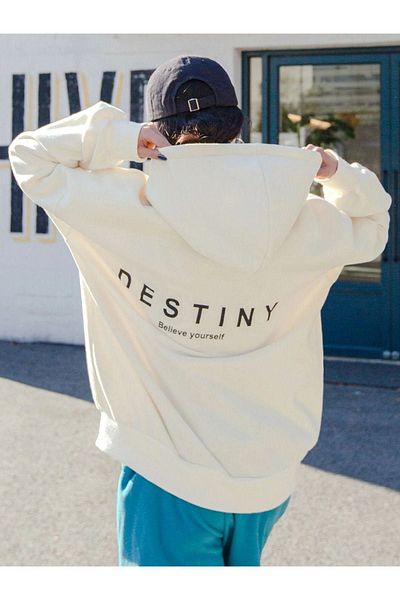 Altamira Hanorac oversize cu glugă, unisex, alb, imprimat Destiny