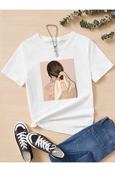 Altamira Tricou oversize cu guler rotund cu imprimeu cu păr alb de damă