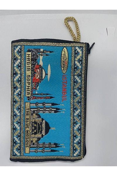 GALATA GIFT Portofel de damă cu model tradițional, icoane din Istanbul imprimate aurit, cu fermoar, 16x10cm