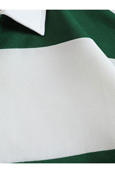 Altamira Πράσινο ριγέ Unisex Oversize φούτερ Polo - Μισό φερμουάρ