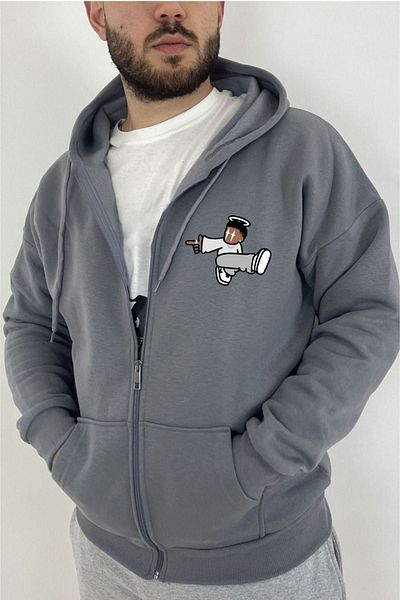Altamira Unisex Smoked Cartoon Printed Seasonal Oversize Hooded Cardigan