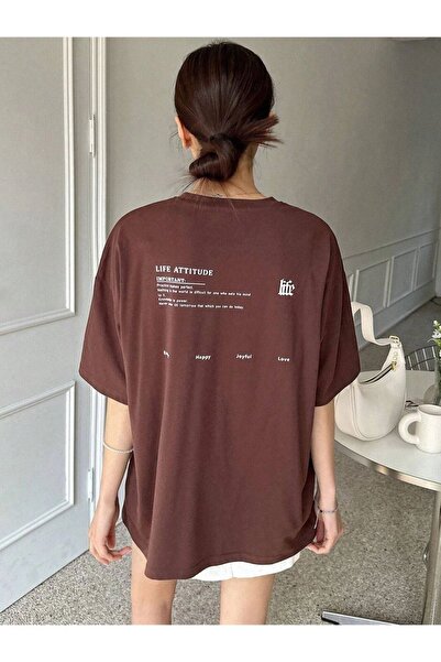 Altamira Γυναικείο μπλουζάκι σε καφέ Life Back Printed Oversize Crew Neck