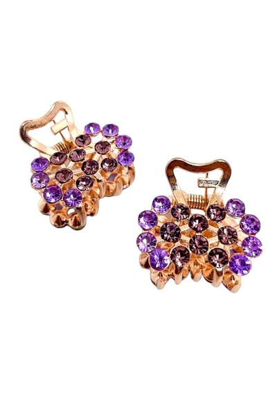 GALATA GIFT Lilac Purple Colored, Rhinestoned, Clamp Clip, Small Two Pieces Metal Hair Clip