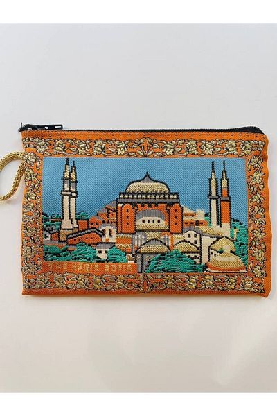 GALATA GIFT Portofel de dama cu model traditional, icoana Istanbul, aurit auriu, maner, fermoar, 16X10cm