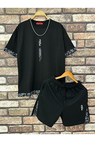 Altamira Ανδρικό σορτς μπλουζάκι με μαύρο κάθετο εμπριμέ μεγάλο μέγεθος