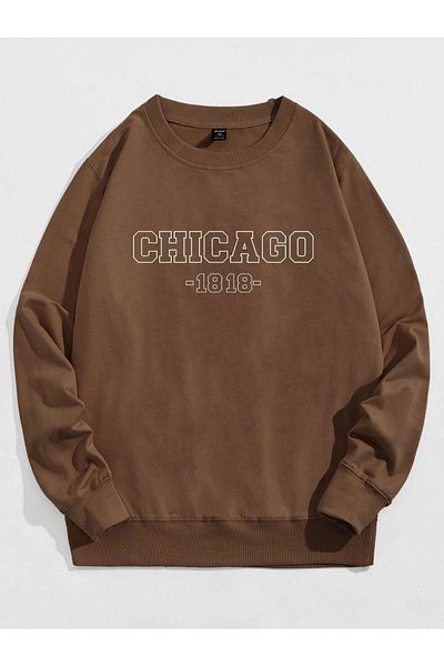 Altamira Unisex Brown Chicago Printed Crew Neck Oversize Sweatshirt