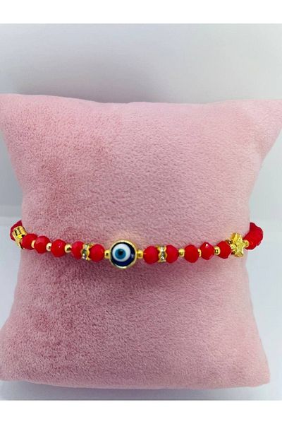 GALATA GIFT Stylish Evil Eye Bead Bracelet with Star Pattern - Red Color and Gold Detail
