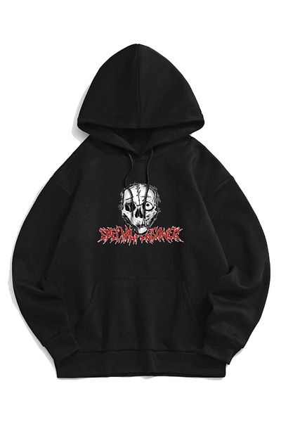 Altamira Unisex Black Skull Printed Oversize Hooded Sweatshirt