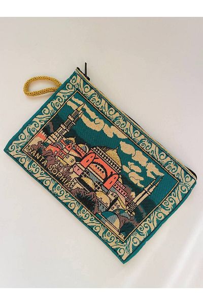 GALATA GIFT Portofel de dama cu model traditional, icoana Istanbul, aurit auriu, maner, fermoar, 15X10cm