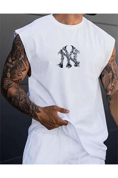 Altamira Erkek Beyaz NY Baskılı Oversize Kolsuz T-shirt