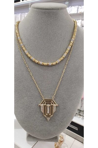 EZE Vip Seri Pirinç Gold Renk Zirkon Taş Detaylı Serenay Kolyesi İkili Set