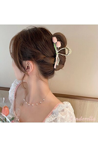 Cinderella Lacăt elegant pentru femei - Model cu flori de lalele roz, coc de păr din metal auriu de 11 cm