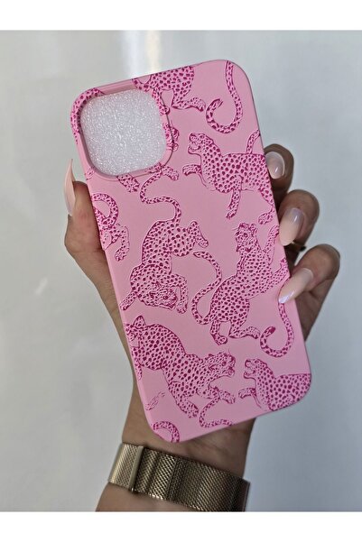 Magic Ring İphone 13 / 14 Uyumlu Yumuşak Kadife Leopar Desenli Kılıf Pembe Te...