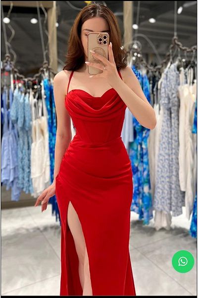 BEAUTY FASHİON Women's Evening Dress Thin Straps Back Cross Tie Degaje Collar Back Low-cut Deep Slit