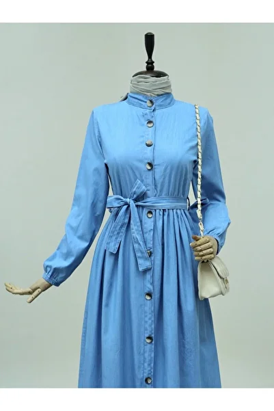 HİJABAYA Denim Dress - Buttons on the Neck, Elastic Waist and Laces