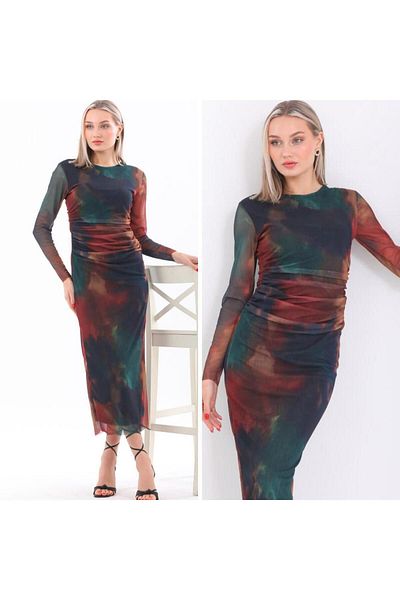CİXAPLE Crew Neck Lycra Printed Tulle Dress