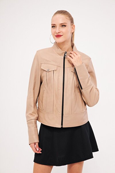 gorgitino Kadın Hakiki Jumbo Deri Ceket Bej Renk Astarı Dalgıç Likralı