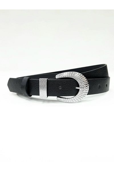 Kemerix Women's Black Belt with Silver Suit Buckle