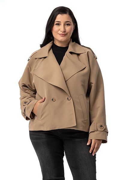 DISENTIS MODEST Κοντή καμπαρντίνα Mink Plus Size - Μονόχρωμος γιακάς, Επωμίδες Τσέπες, Φόδρα Oversize