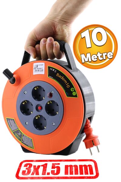 Badem10 Plastik Mini Kutulu 4 Priz TTR Kablo 10 Metre Makaralı Seyyar 3x1.5 mm CCA Monofaze Uzatma Kablosu
