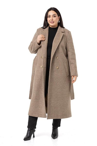 DISENTIS MODEST Large Size Mink Coat - Buttoned, Belted and Deep Slit Herringbone Lining