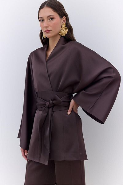Manuka Hnědé saténové kimono - s páskem