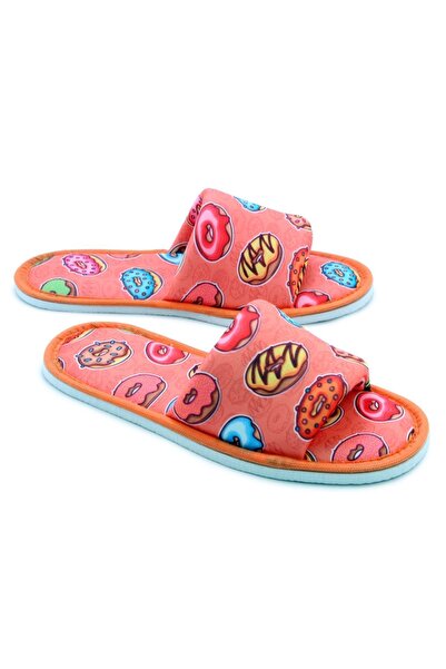 Chochili Unisex Turuncu Donut Desenli Önü Açık Çeyiz Bohça Ev Terliği
