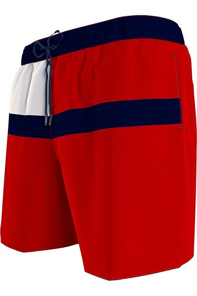 Tommy Hilfiger Men's Brand Logo Elastic Drawstring Two Side Pockets One Back Pocket Stylish Looking Slim Red Shorts U