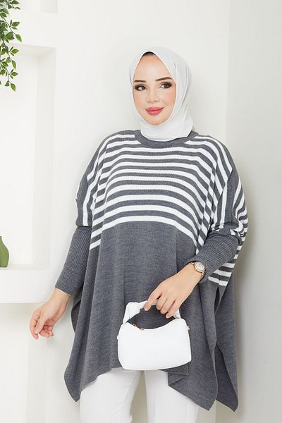 LE CARAMBOLE Γυναικείο πουλόβερ Anthracite Ecru ριγέ Oversize Hijab Knitwear