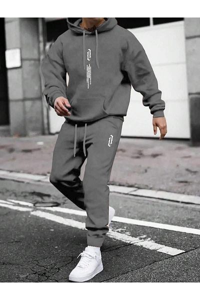 Altamira Men's Gray Oversize Hooded Tracksuit Set - Vertical Printed