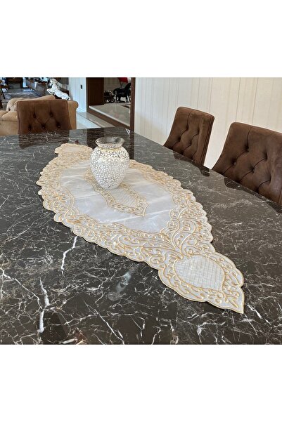 Silkarea İpekset Maraş İşi Salon Örtü Takımı %100 Ödemiş İpeği Natural Gold D...