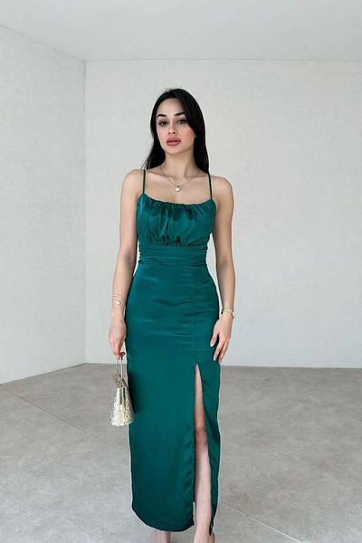 ALFUDO Moda Collection Strappy Satin Dress - Slit Detail