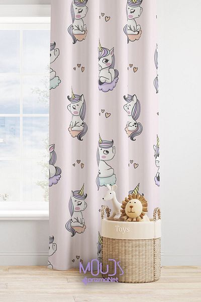 Moud's Unicorn Patterned Suede Background Curtain - Children's and Baby's Room, Digital Printed Extra String, Single Wing