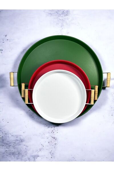 hemlife 3 Lü (51, 37, 30 CM) Ahşap Kulplu Metal Tepsi Çay Tepsisi Kahve Tepsi...