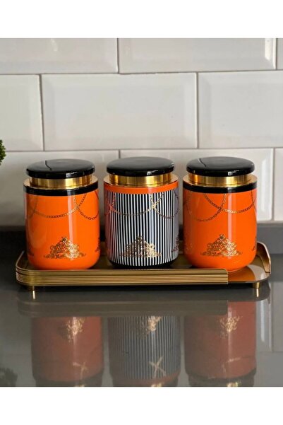 ACAR 3-Piece Porcelain Spice Rack and Glass Tray Tea Sugar Salt Jar Set