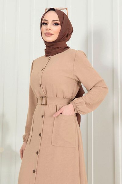 TOFİSA Beige Straight Medium Women's Dress - 11659